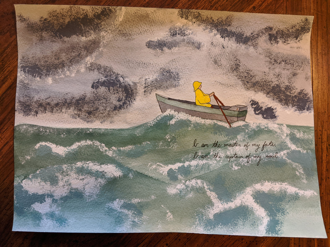 A painting of a person in a bright yellow raincoat rowing a small boat on a stormy sea. Below them is the quote 