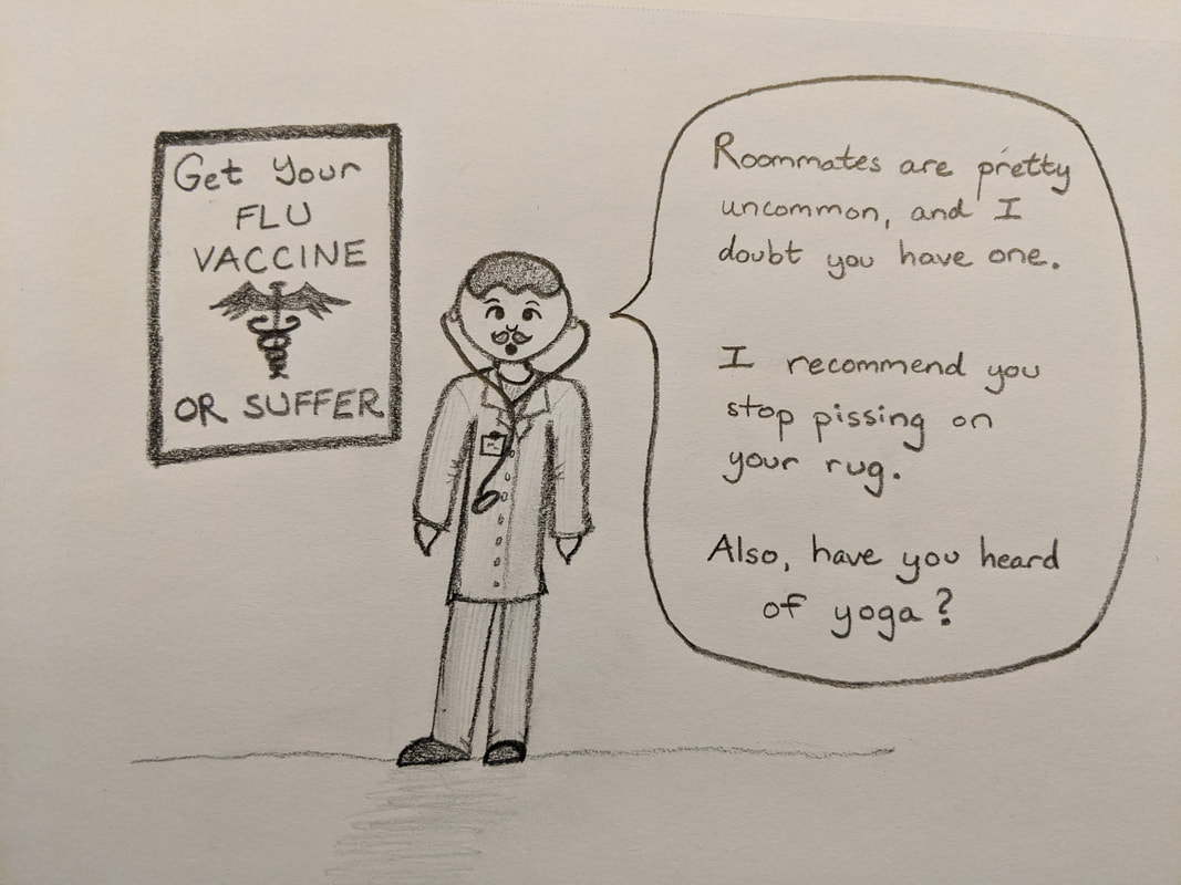 Drawing: A man doctor with a sign behind him that reads 