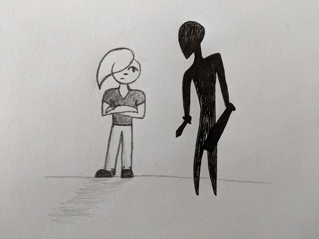 Drawing: A short punk woman looking at a tall, thin, dark monster holding a dagger and a club.
