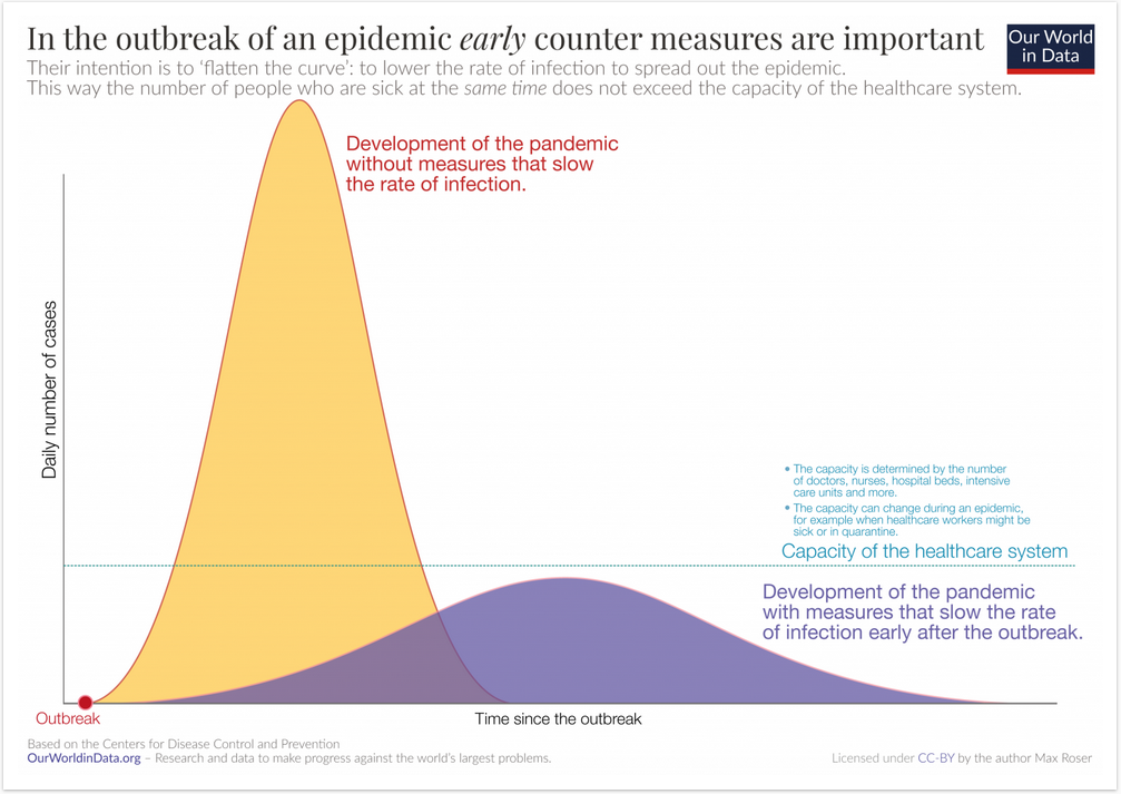 A graph that helps illustrate why it is so important to slow the spread of coronavirus to not overtax our healthcare systems. Taken from https://ourworldindata.org/coronavirus 