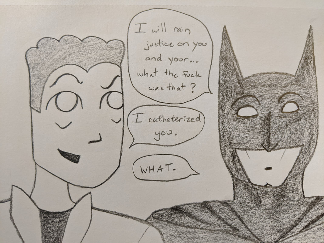 A close-up on both the doctor and Batman's faces. Batman looks surprised and unsettled. Batman says, 