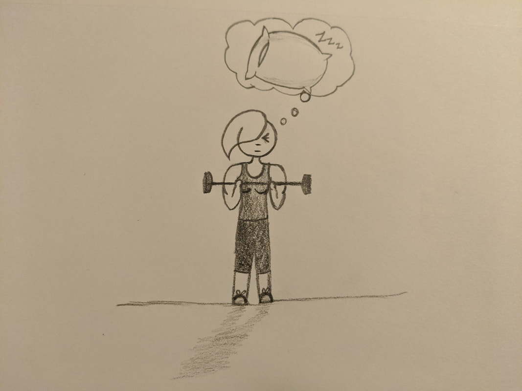 The punk woman lifts weights, and thinks about taking a nap.