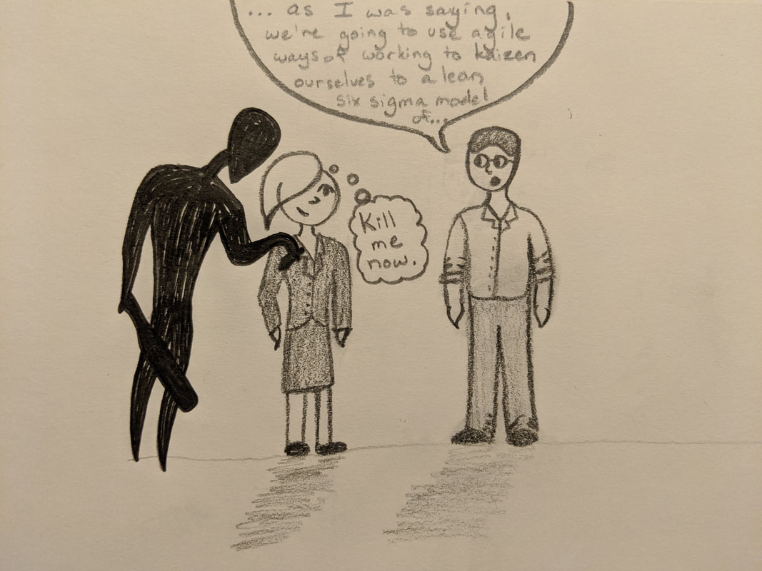 A black monster representing chronic illness looms over the punk woman, who is wearing a suit and thinking 