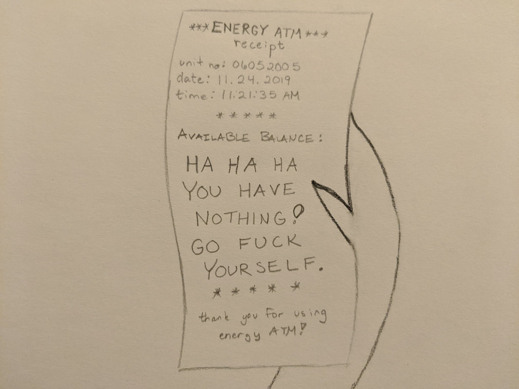 The punk woman holds the energy ATM receipt which reads 