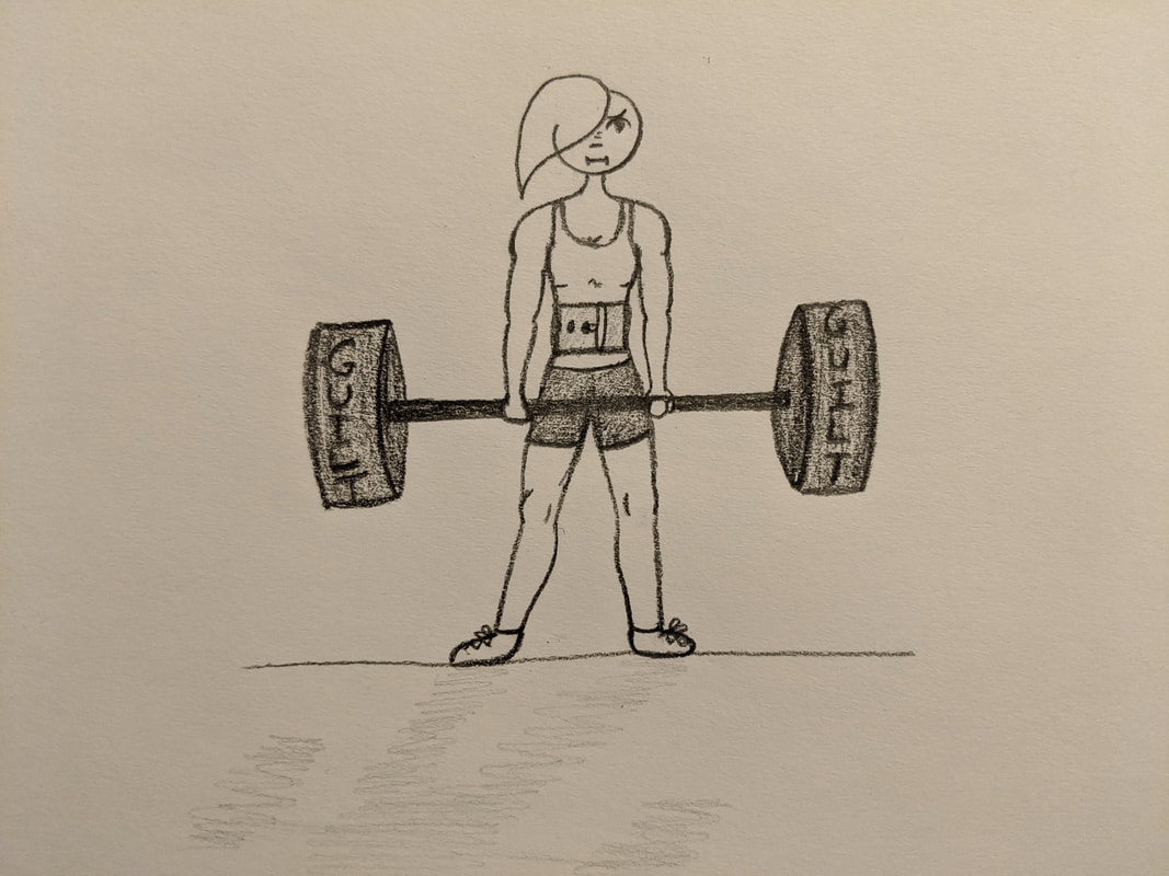 The punk woman is deadlifting a very large weight labelled 