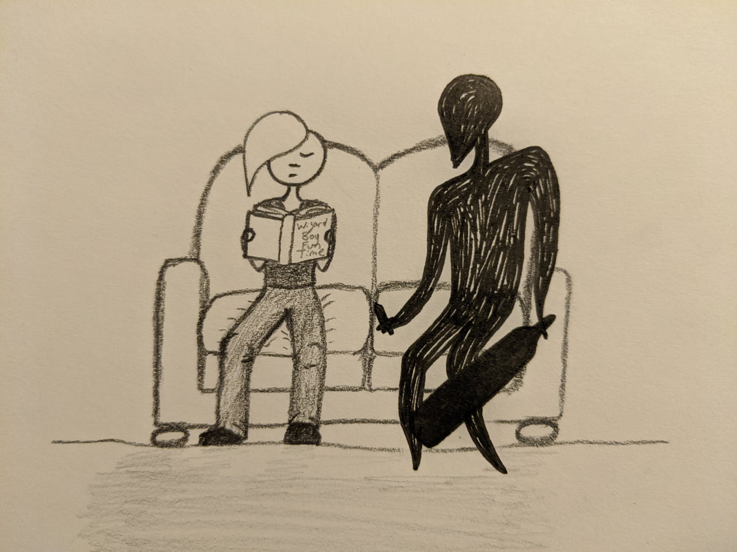 The punk woman is sitting peacefully on a couch with the chronic illness monster. She is reading a book called 