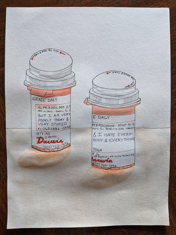 A painting of two prescription pill bottles, which read 
